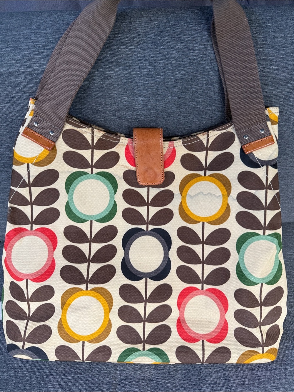 Orla Kiely Multicolor Retro Flower Tote with Brown Straps